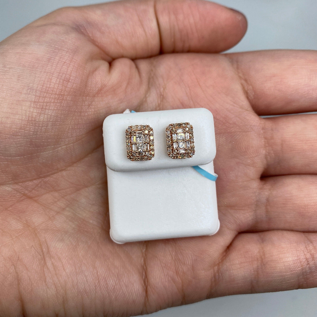 14K Gold Rectangle Diamond Baguette Castle Earrings in rose gold - close-up product photo