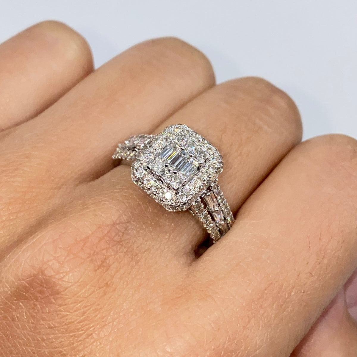 14K Gold Athena Rectangle Diamond Engagement Ring in white gold - close-up product photo
