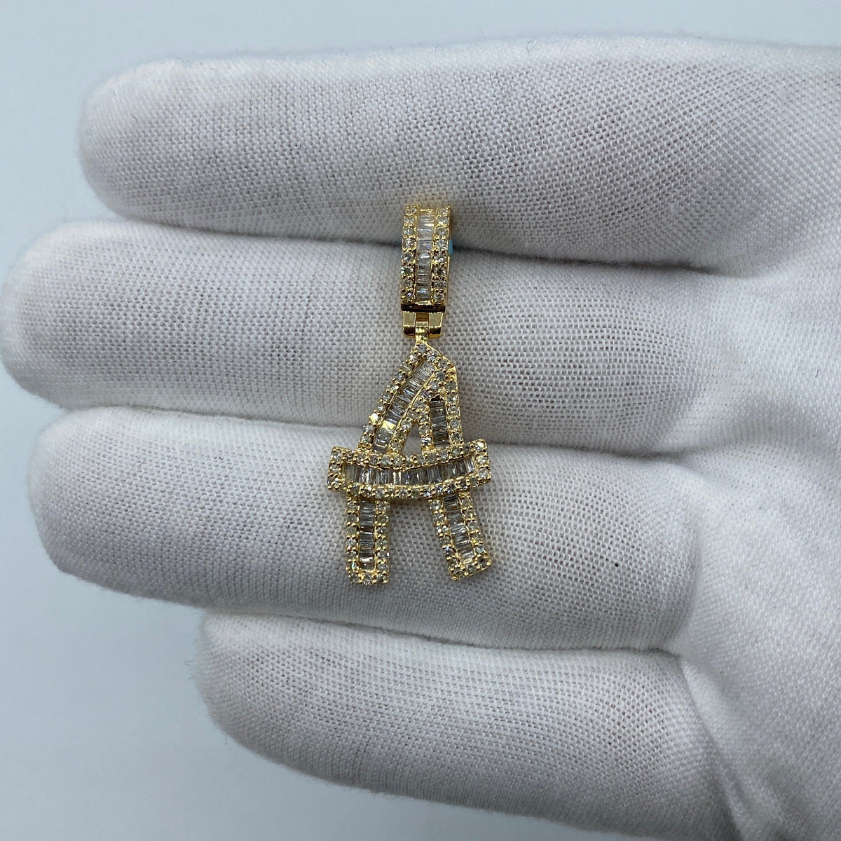14K Gold Initial A Diamond Baguette Pendant in yellow gold, Large - close-up product photo