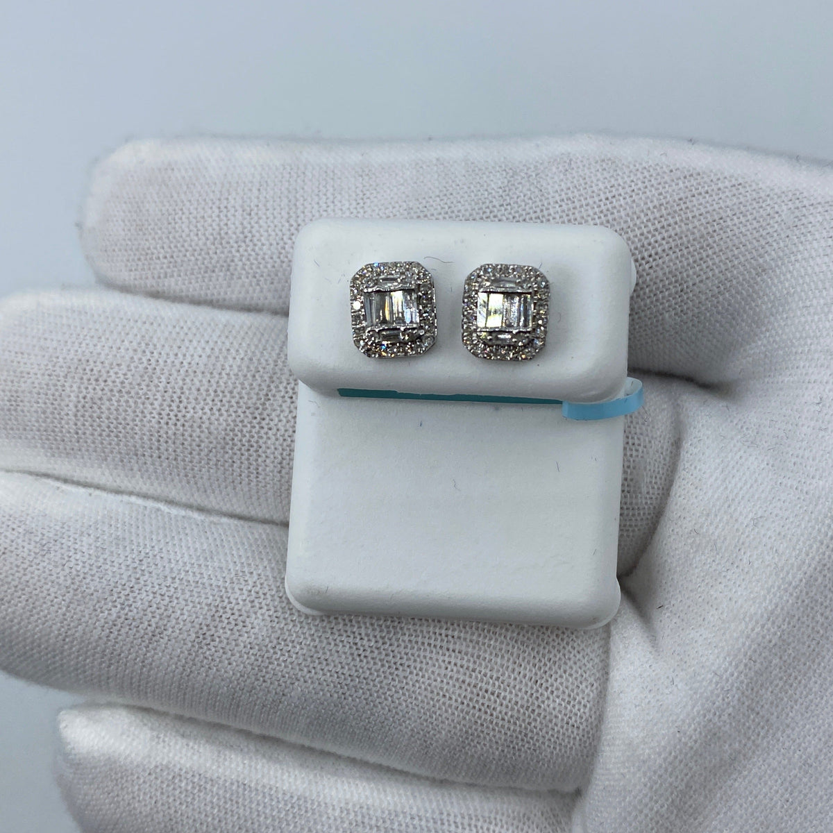 14K Gold Large Rectangle Halo Diamond Baguette Earrings in white gold - close-up product photo