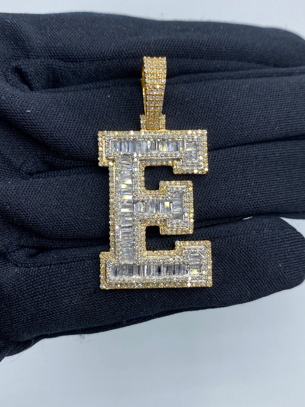 Initial E Baguette Diamond Pendant in yellow - close-up product photo