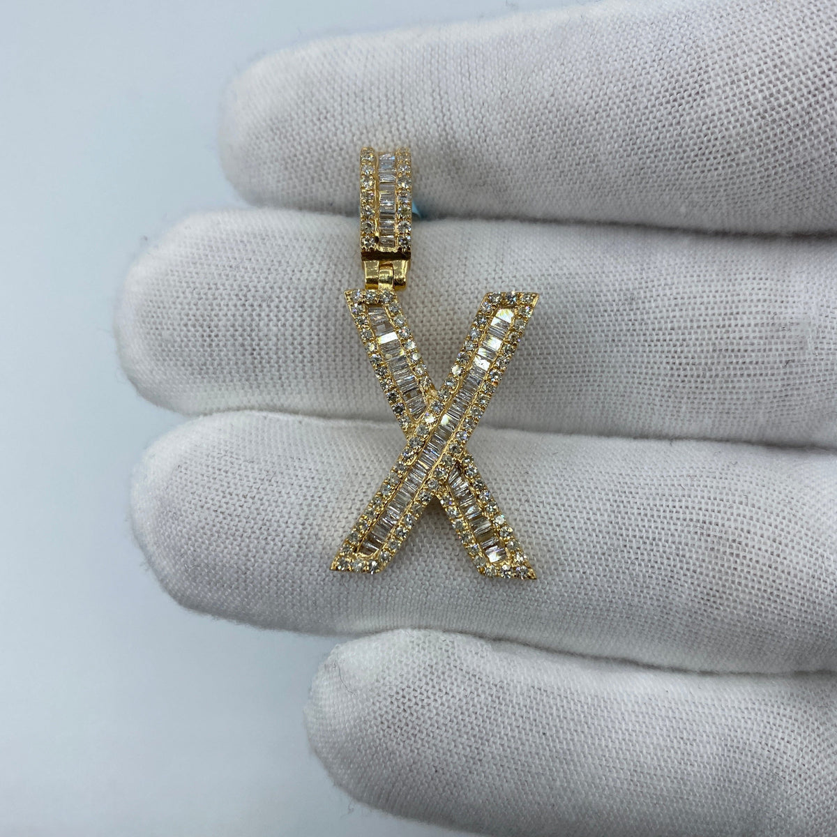 14K Gold Initial X Diamond Baguette Pendant in yellow gold, Large - close-up product photo