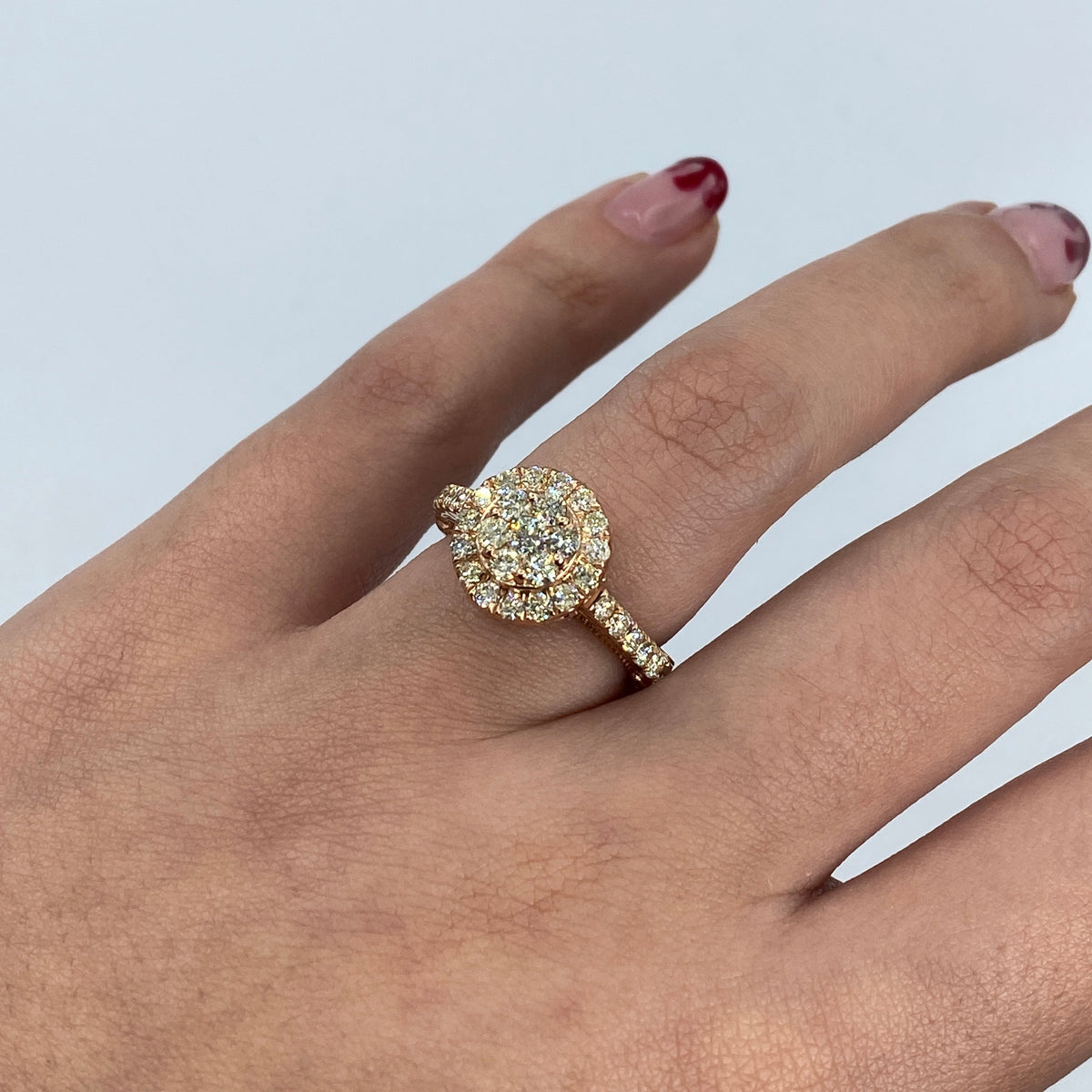 14K Gold Amore Halo Circle Diamond Engagement Rings in rose gold - close-up product photo