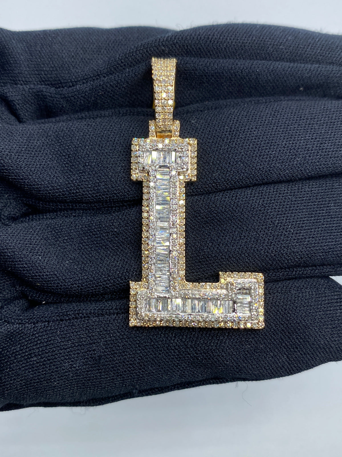 Initial L Baguette Diamond Pendant in yellow - close-up product photo