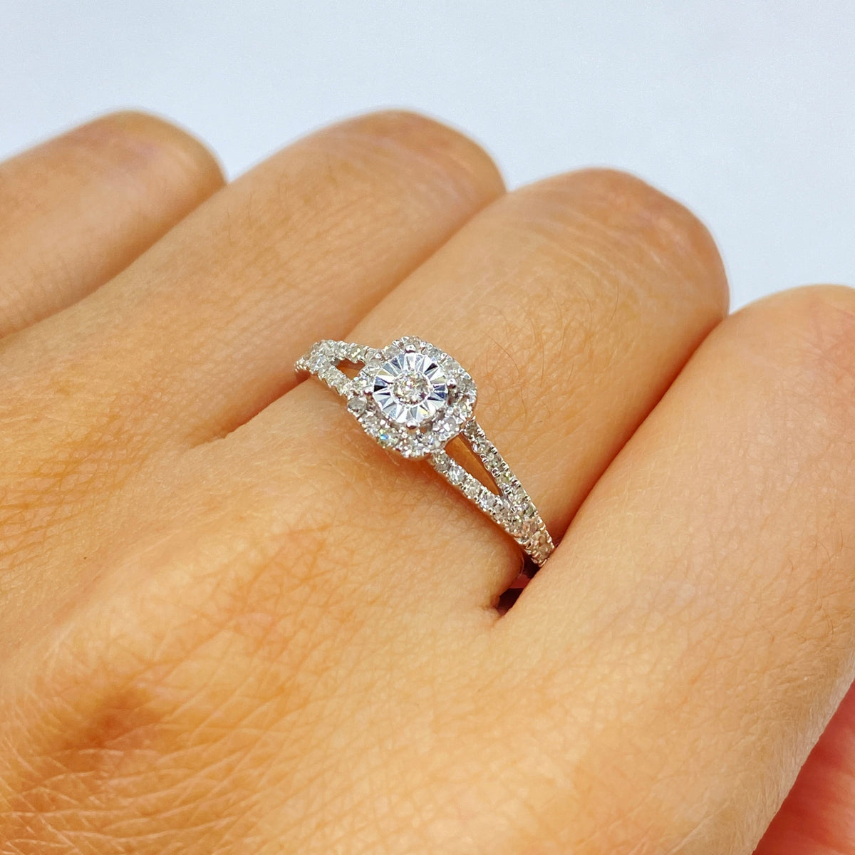 14K Gold Sunburst Diamond Engagement Ring in white gold - close-up product photo