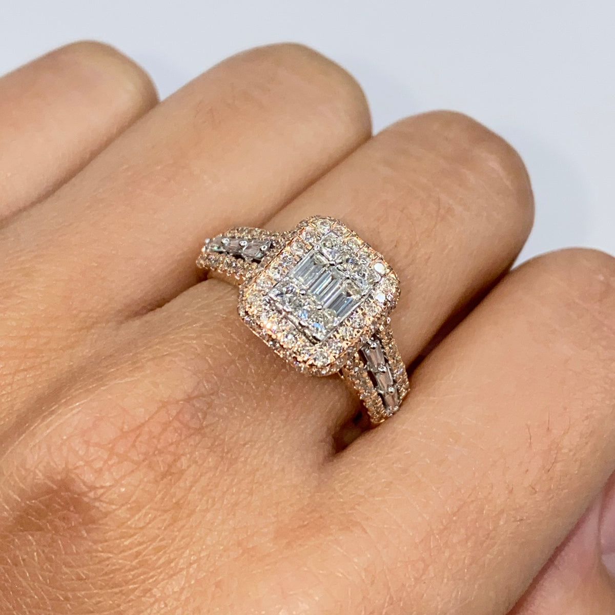 14K Gold Athena Rectangle Diamond Engagement Ring in rose gold - close-up product photo