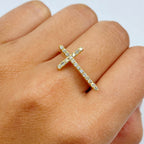 14K Gold Pavé Cross Diamond Ring in yellow gold - close-up product photo
