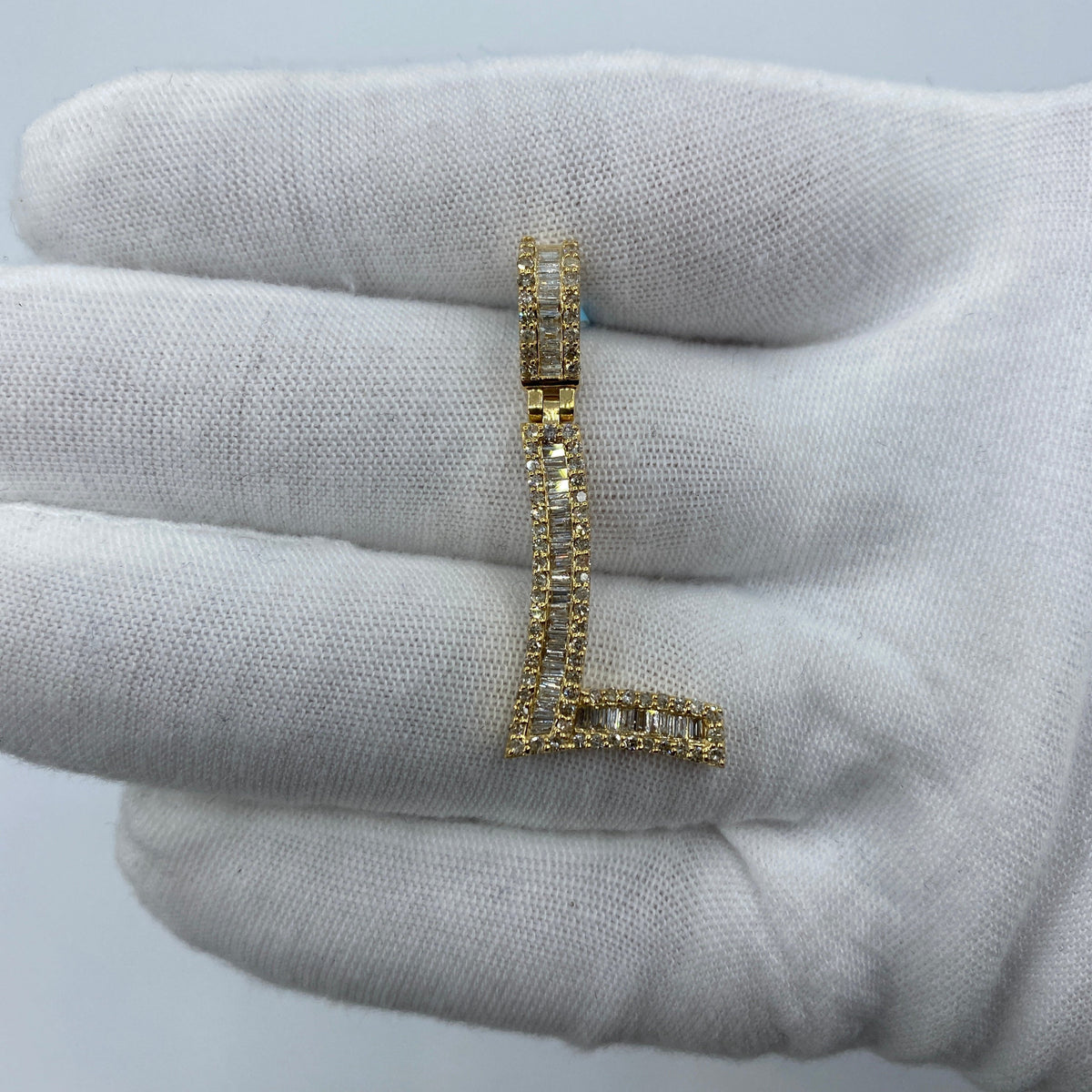 14K Gold Initial L Diamond Baguette Pendant in yellow gold, Large - close-up product photo