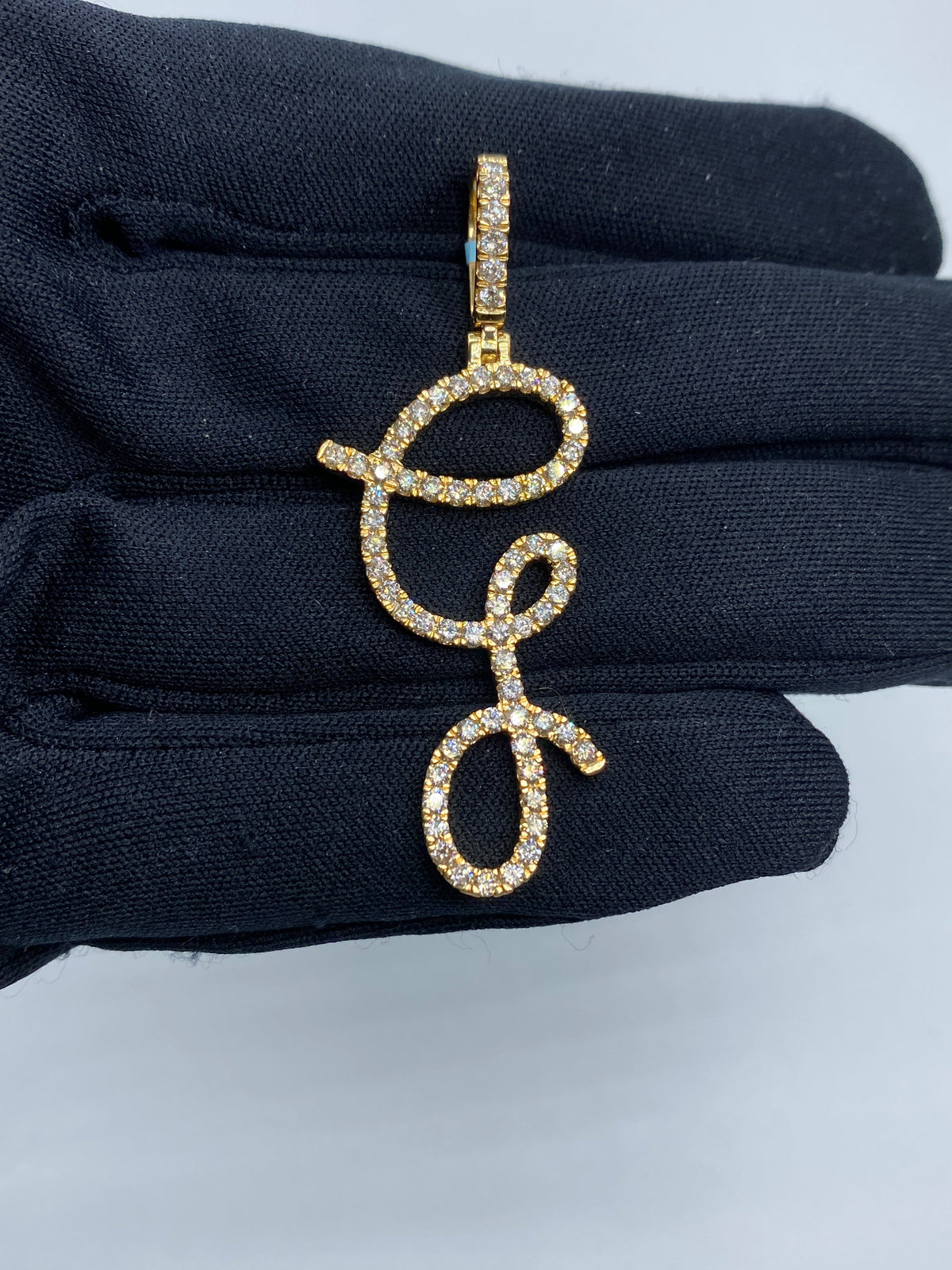 14K Gold Initial G Large Script Diamond Pendant in yellow gold - close-up product photo