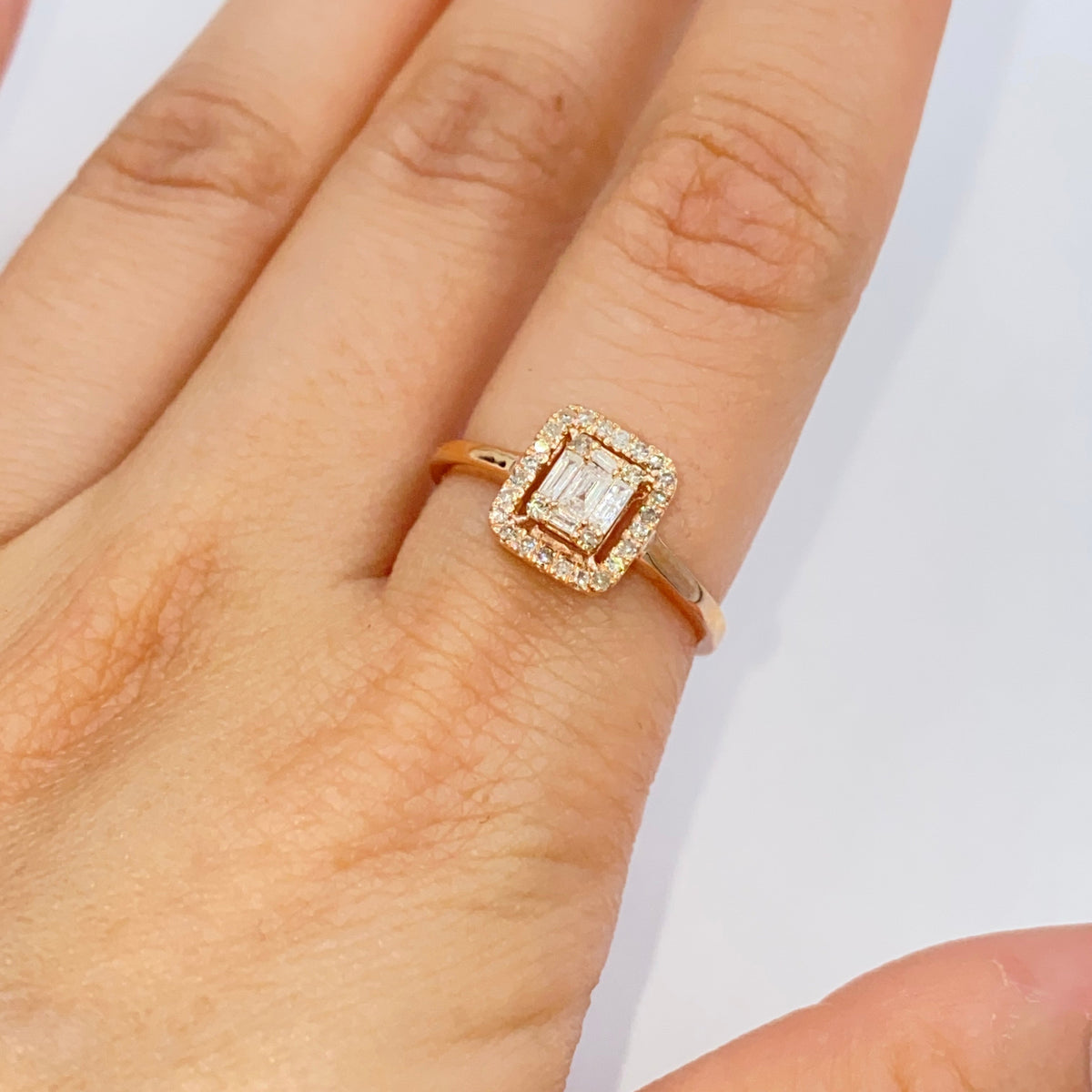 14K Gold Palace Square Halo Diamond Baguette Engagement Ring in rose gold, Medium - close-up product photo