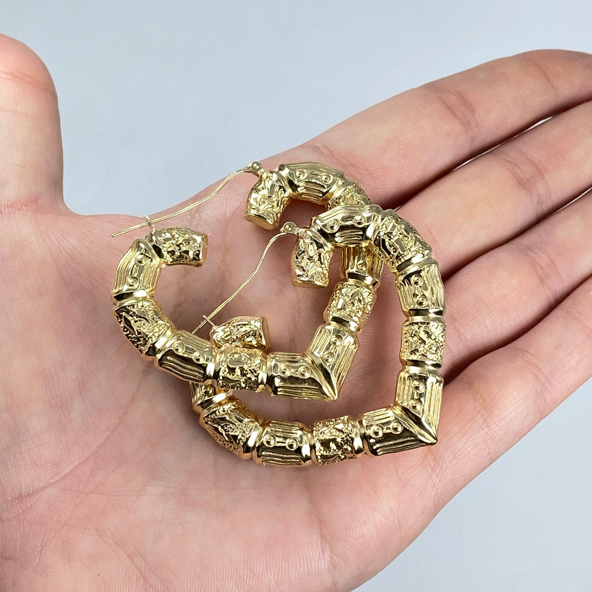 10K Gold Bamboo Heart Hoop Earrings, 2" - close-up product photo