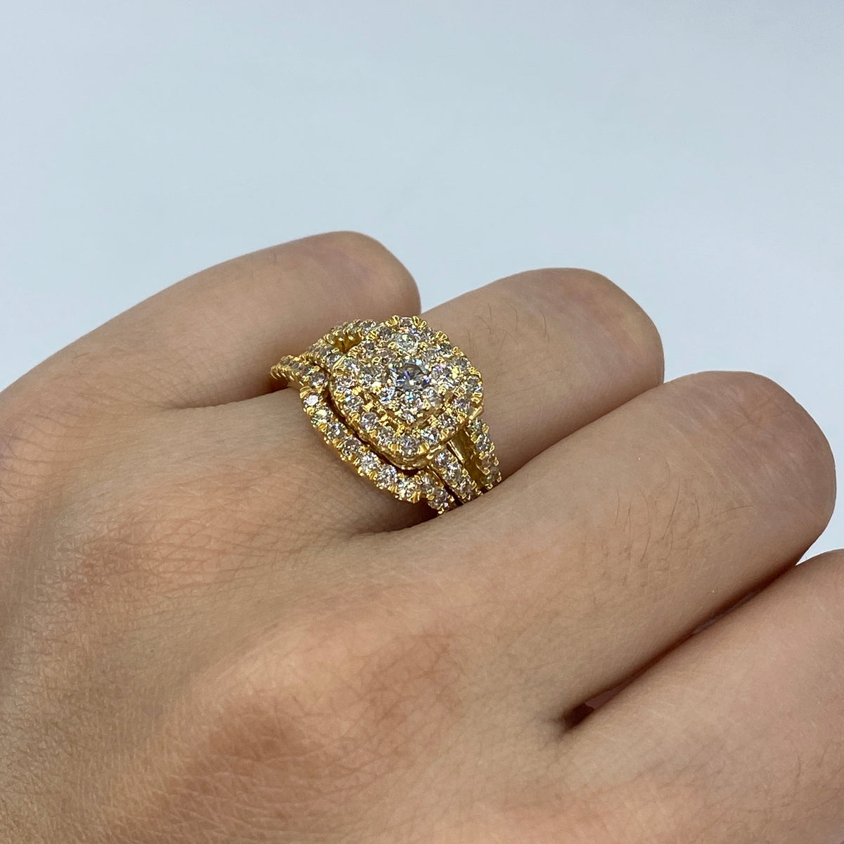 14K Gold Square Halo Diamond Engagement Ring with Stack Band in yellow gold - close-up product photo