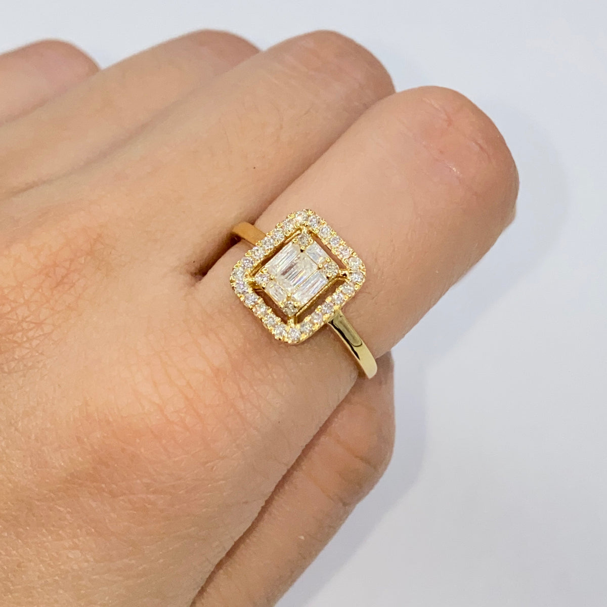 14K Gold Palace Square Halo Diamond Baguette Engagement Ring in yellow gold, Large - close-up product photo
