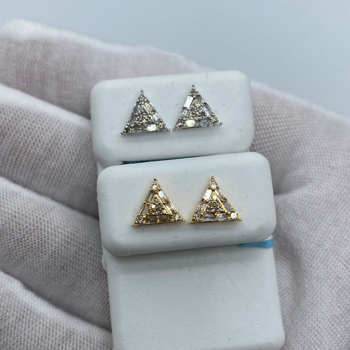 14K Gold Equilateral Triangle Diamond Baguette Earrings - additional product view 2