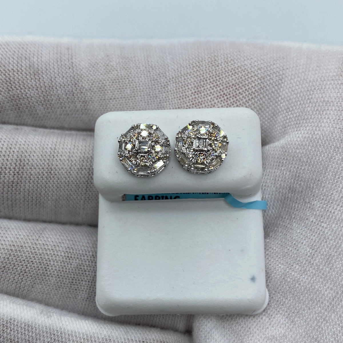 14K Gold Jumbo Regal Circle Diamond Baguette Earrings in white gold, Small - close-up product photo