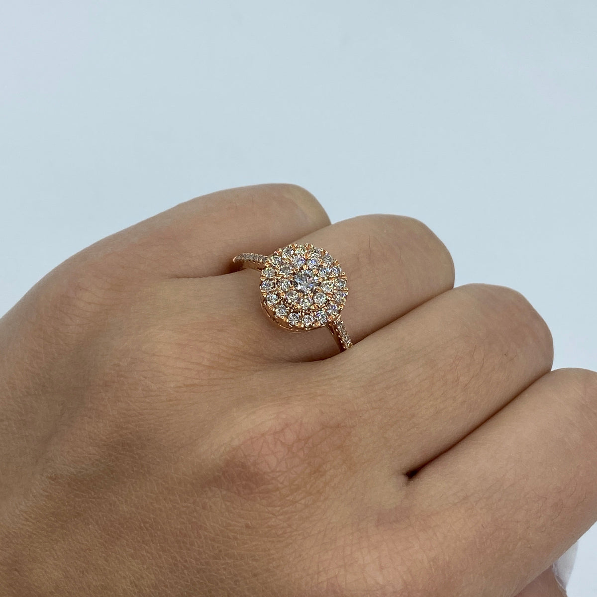 14K Gold Circle Thin Band Diamond Engagement Ring in rose gold - close-up product photo
