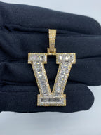 Initial V Baguette Diamond Pendant in yellow - close-up product photo