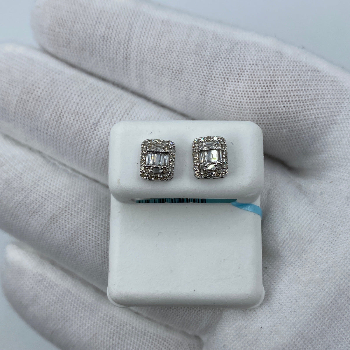 14K Gold Rectangle Halo Diamond Baguette Earrings in white gold - close-up product photo