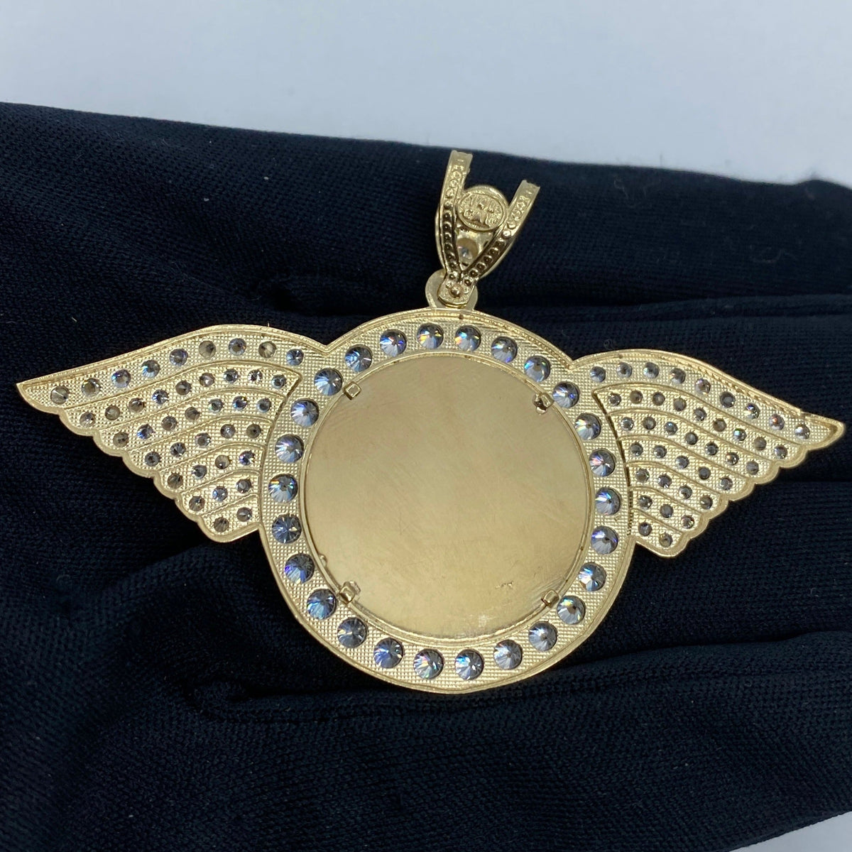 14K Gold Circle Angel Wings Picture Photo CZ Pendant - additional product view 4
