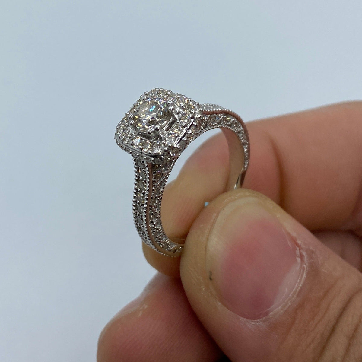 14K Gold Large Center Stone Square Diamond Engagement Ring in white gold - close-up product photo