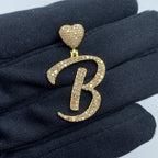 14K Gold Initial B Script Heart Diamond Pendant in yellow gold - close-up product photo