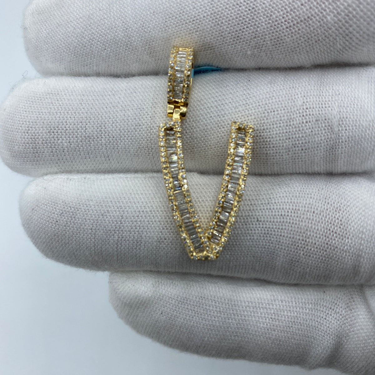 14K Gold Initial V Diamond Baguette Pendant in yellow gold, Large - close-up product photo