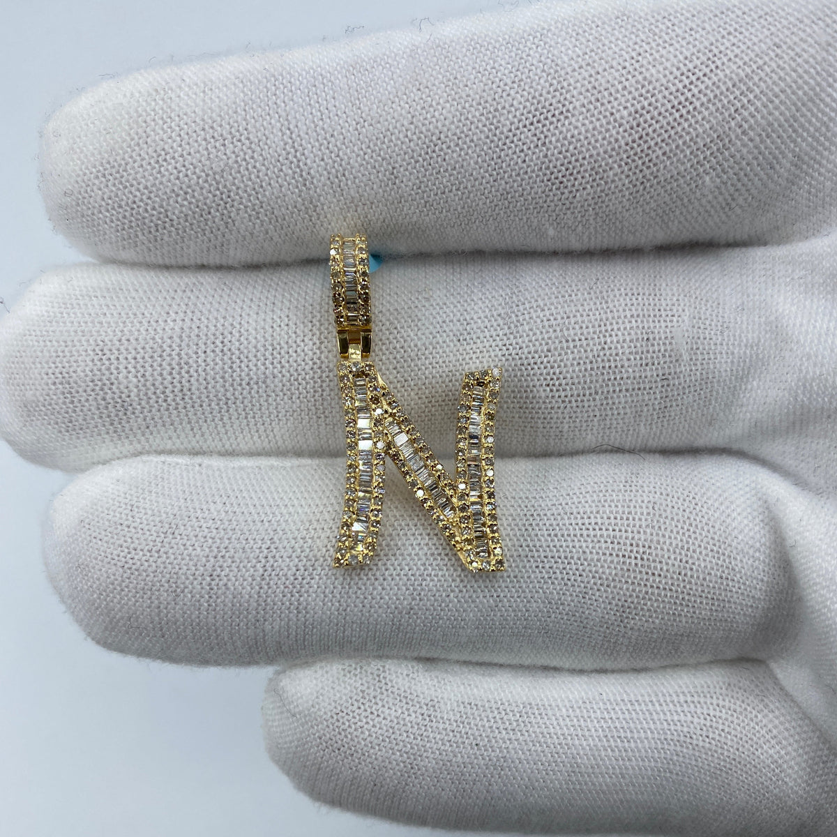 14K Gold Initial N Diamond Baguette Pendant in yellow gold, Small - close-up product photo