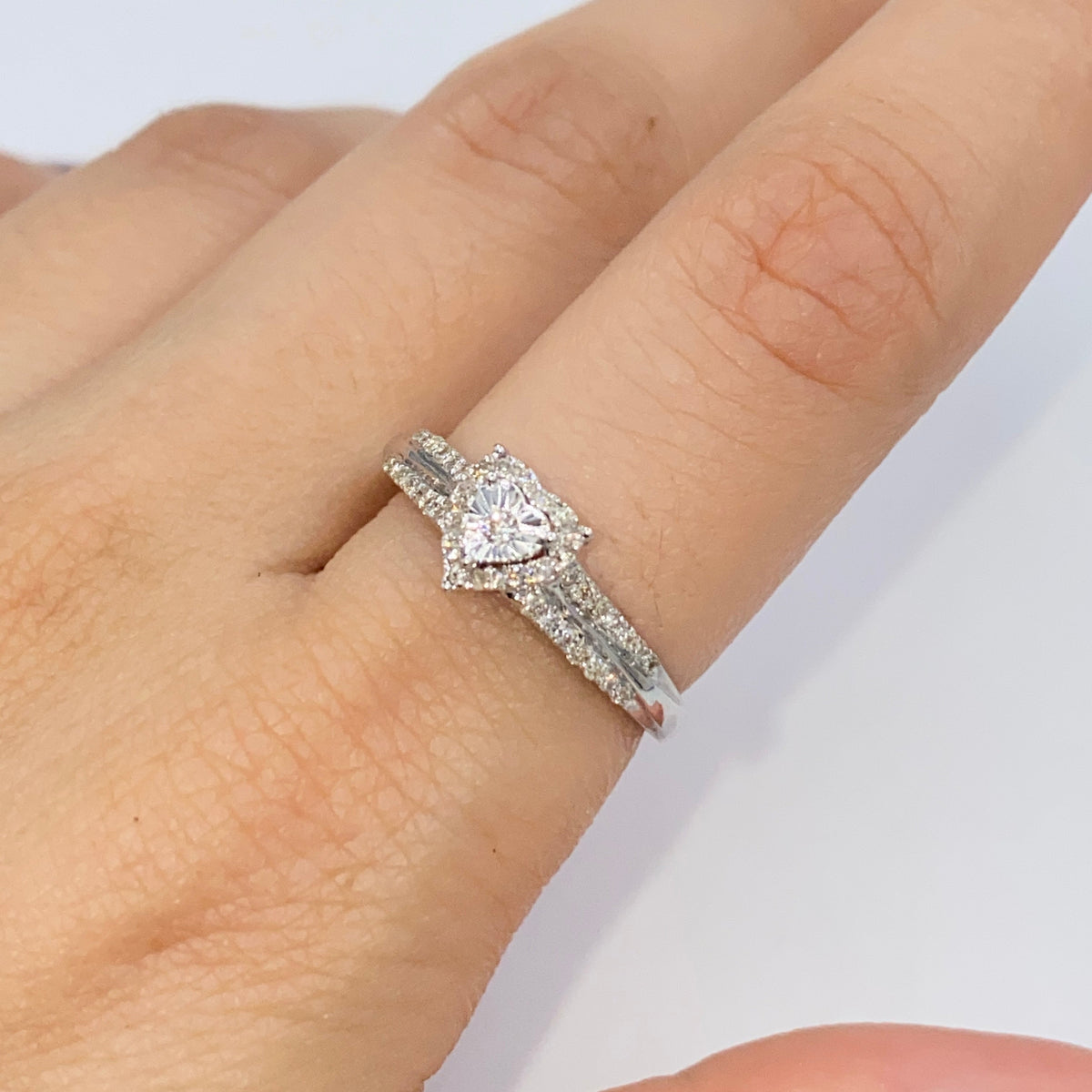 10K Gold Heart Halo Diamond Ring in white gold - close-up product photo