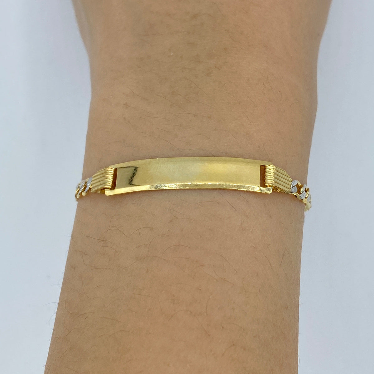 10K Gold Custom Name Plate Two-Tone Figaro Link Baby Diamond Bracelet, 5mm - close-up product photo