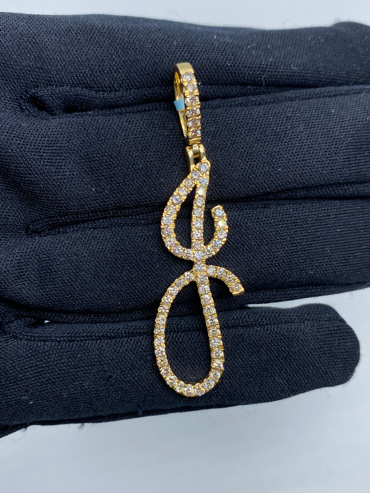 14K Gold Initial J Large Script Diamond Pendant in yellow gold - close-up product photo