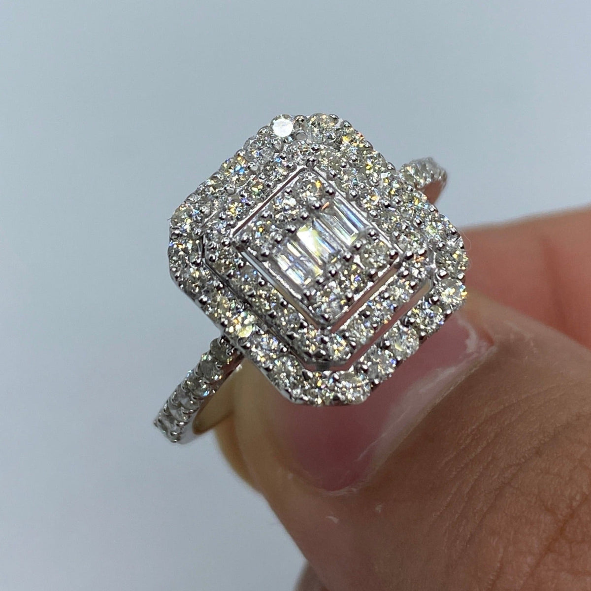 14K Gold Rectangle Diamond Baguette Center Engagement Ring in white gold - close-up product photo