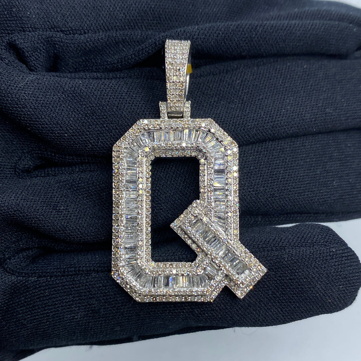 10K Gold Varsity Initial Letter Diamond Baguette Pendants Full Collection in white gold - close-up product photo