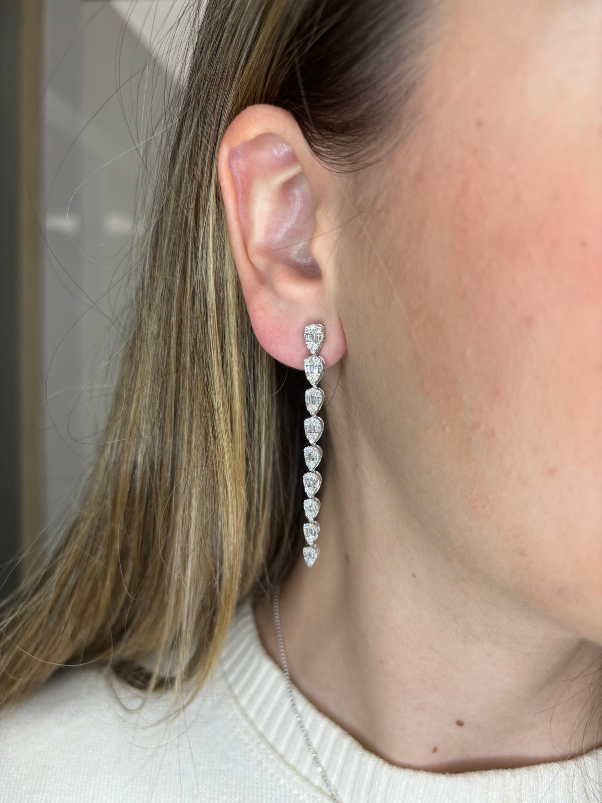 14K Gold Bridal Large Graduated Baguette Tear Drop Diamond Earrings - additional product view 4