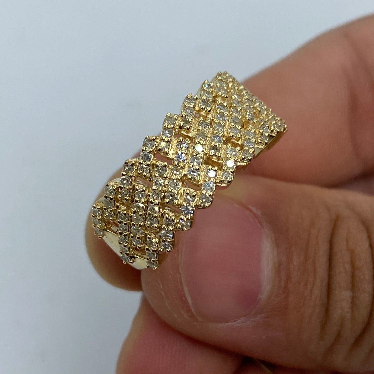 10K Gold Double Cuban Link Diamond Ring in yellow gold - close-up product photo