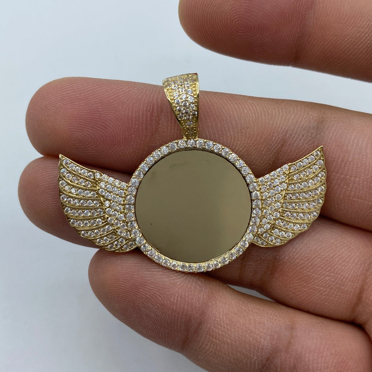10K Gold Angel Wings Round Picture Photo CZ Pendant - additional product view 4
