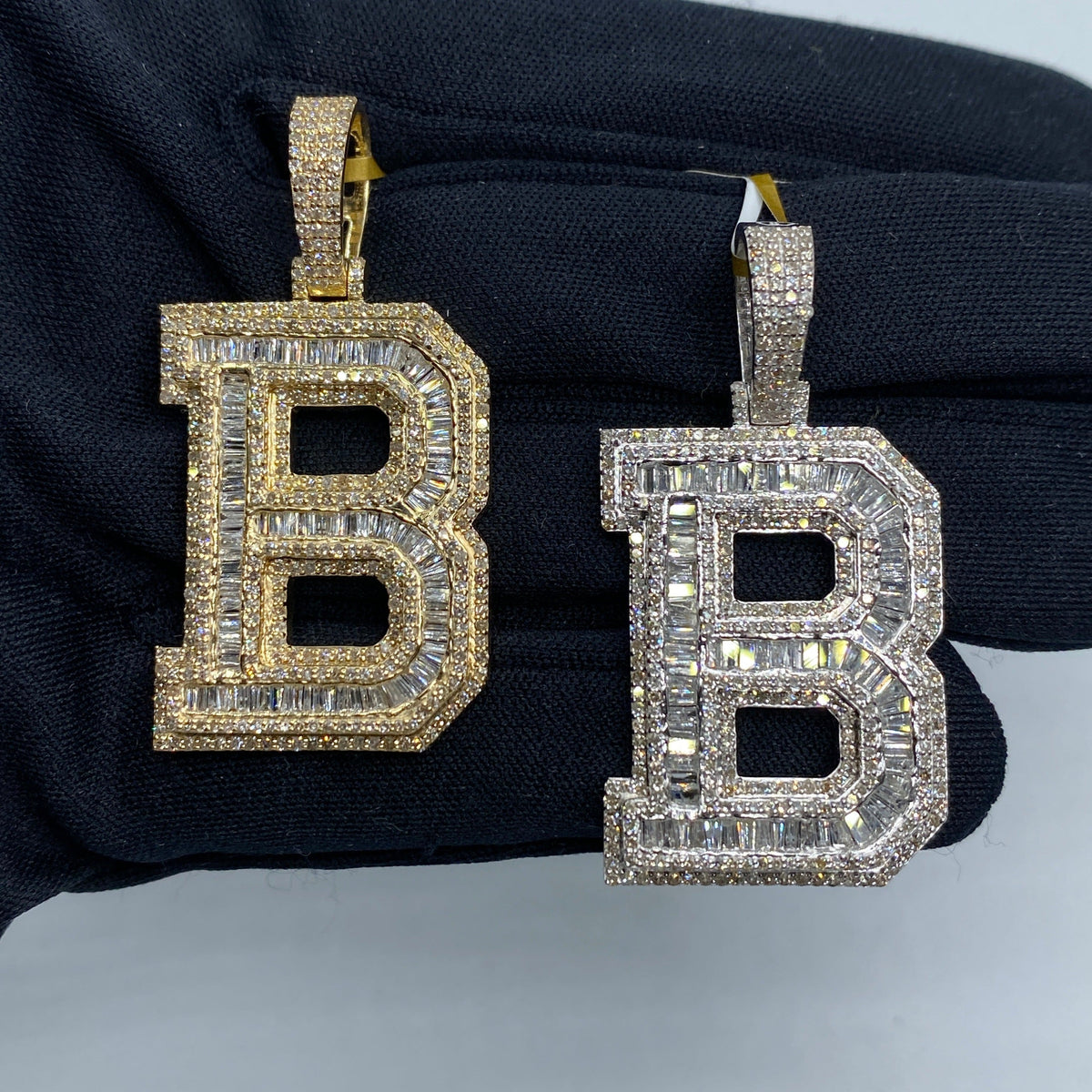 10K Gold Varsity Initial Letter Diamond Baguette Pendants Full Collection in yellow gold - close-up product photo