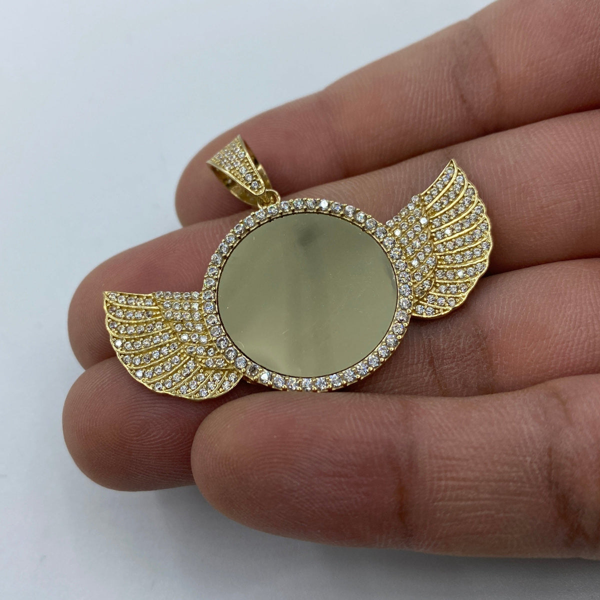 10K Gold Angel Wings Round Picture Photo CZ Pendant - additional product view 2