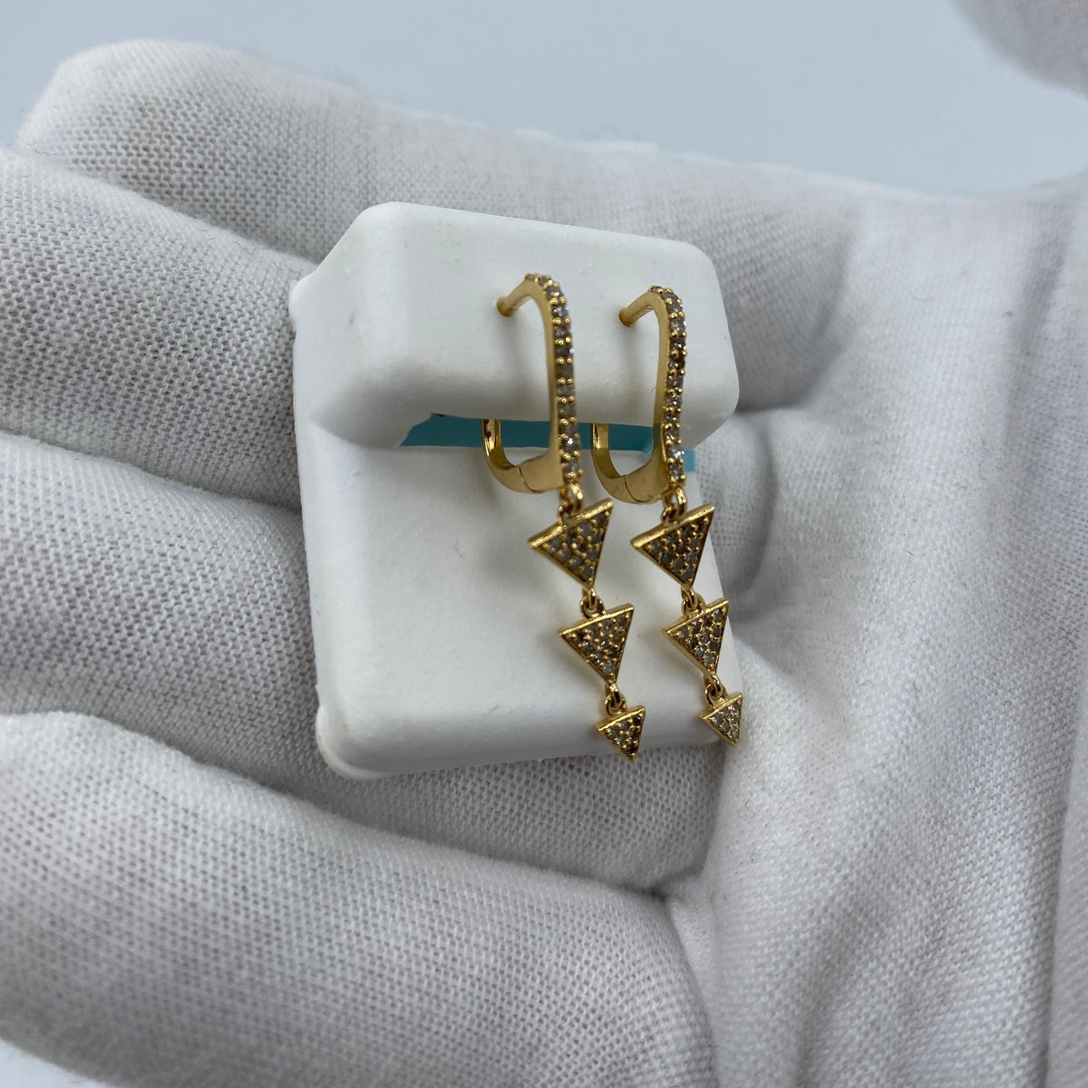 14K Gold Hanging 3-Tier Triangles Dangling Diamond Earrings - additional product view 3