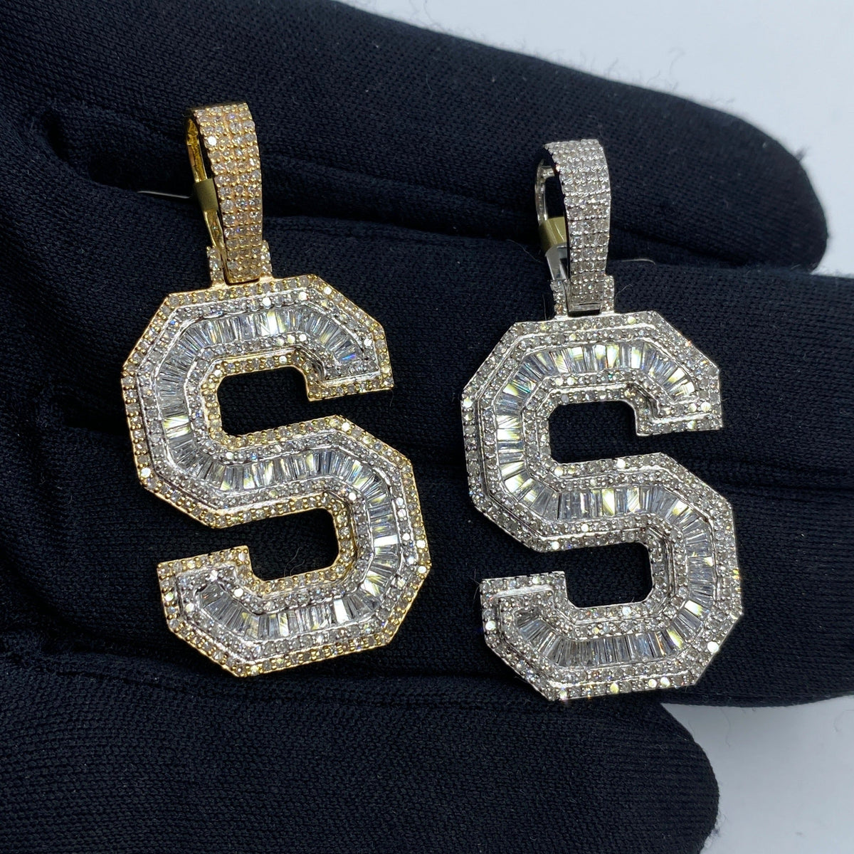10K Gold Varsity Initial Letter Diamond Baguette Pendants Full Collection in yellow gold - close-up product photo
