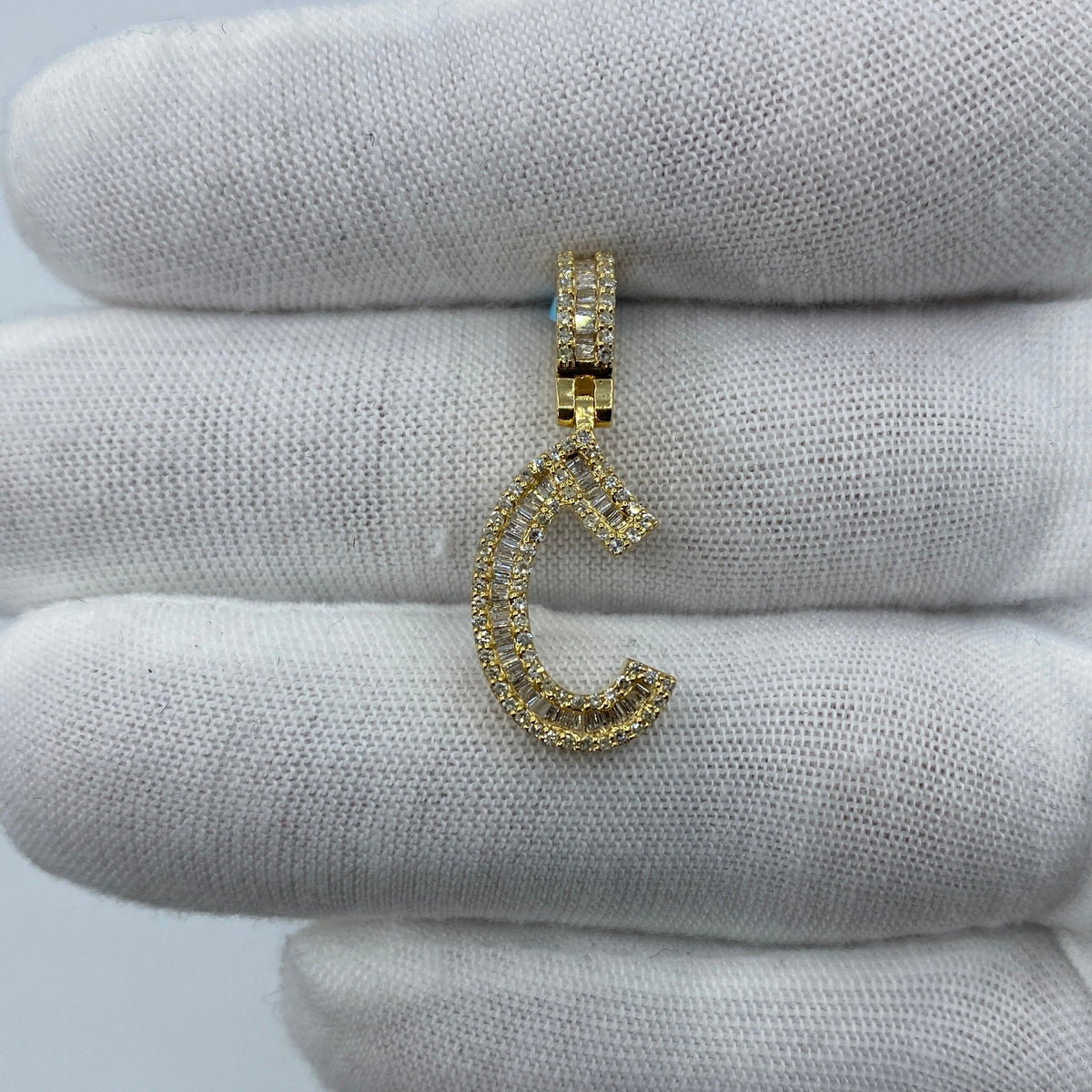 14K Gold Initial C Diamond Baguette Pendant in yellow gold, Small - close-up product photo