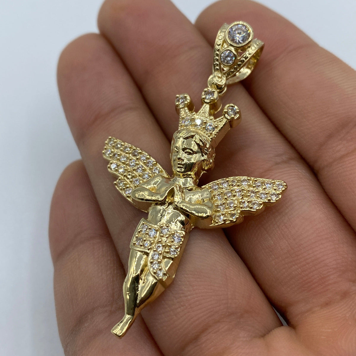14K Gold Baby Angel with Crown CZ Pendant - additional product view 3