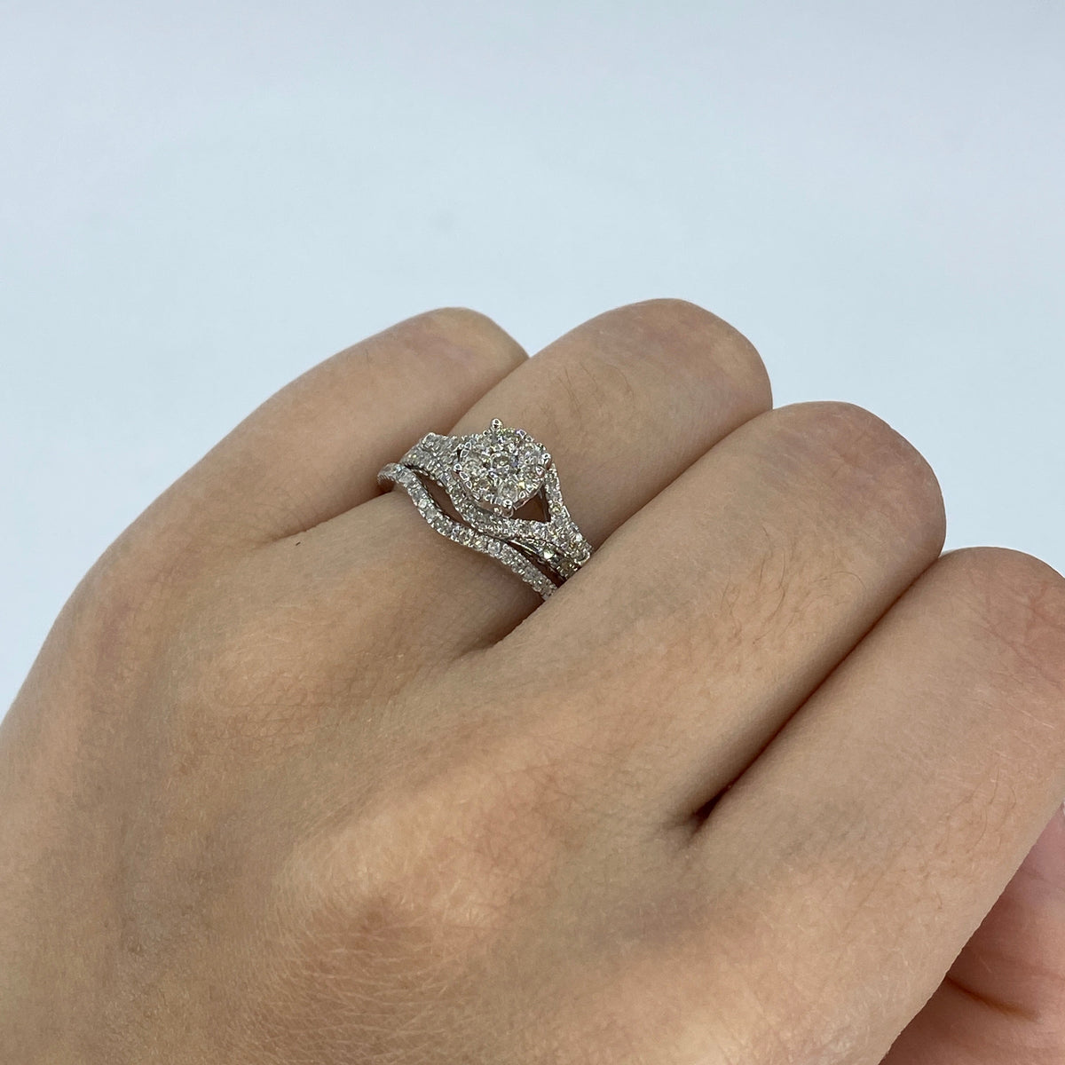 14K Gold Circle Engagement Diamond Ring with Thin Stack Band in white gold - close-up product photo