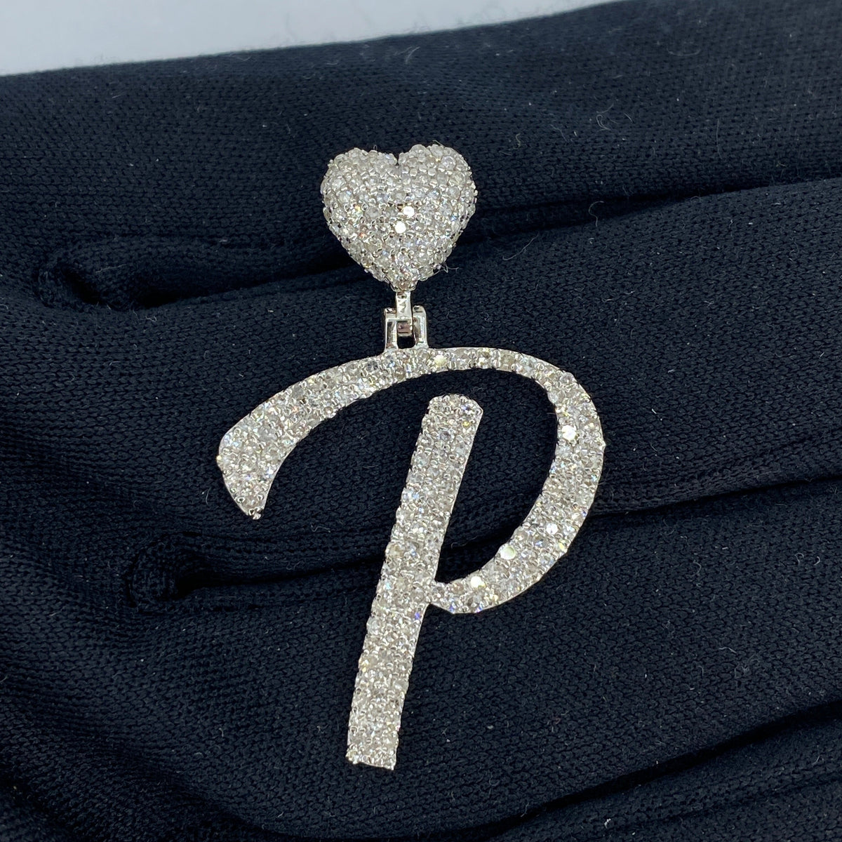14K Gold Script Initial Letter Heart Diamond Pendants Full Collection in white gold - close-up product photo