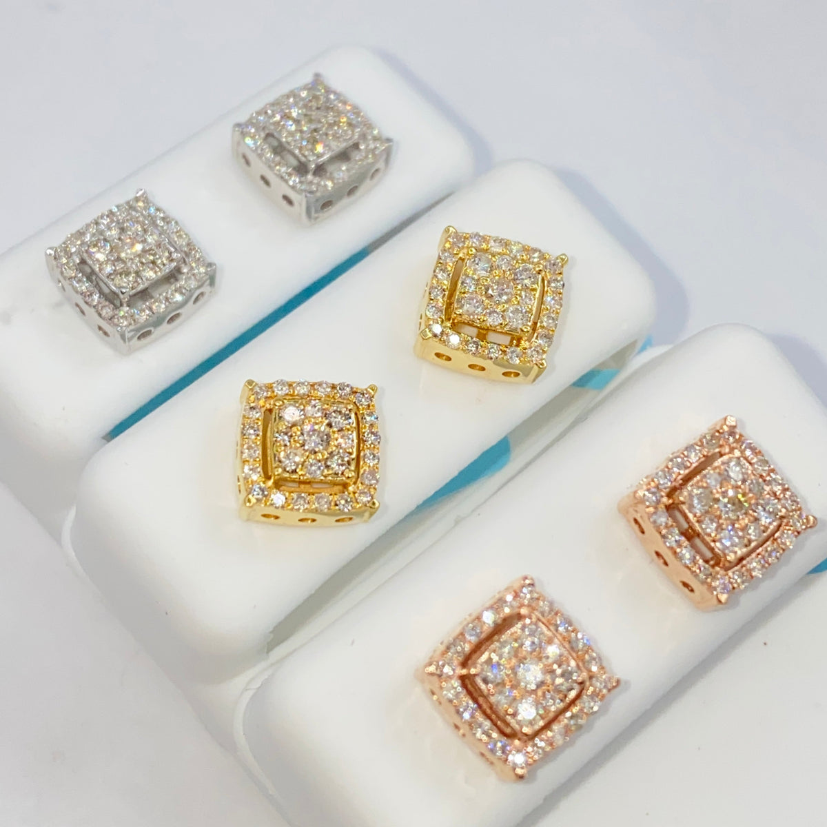 14K Gold Square Box Diamond Earrings in white gold, Medium - close-up product photo