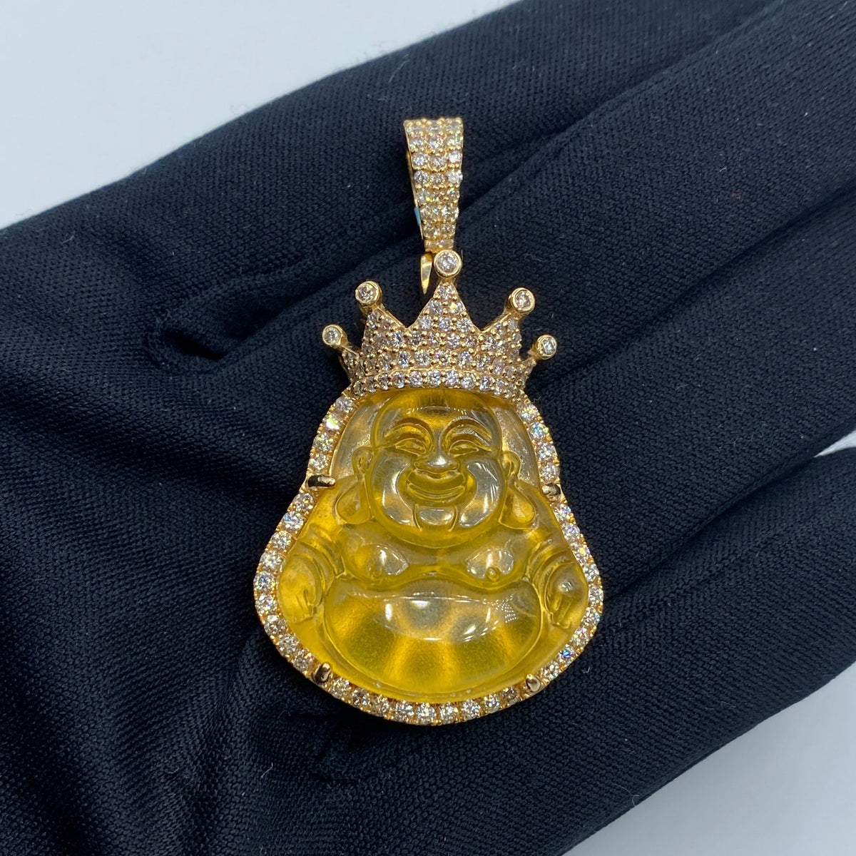 14K Gold Crowned Buddha Diamond Pendant in yellow gold - close-up product photo