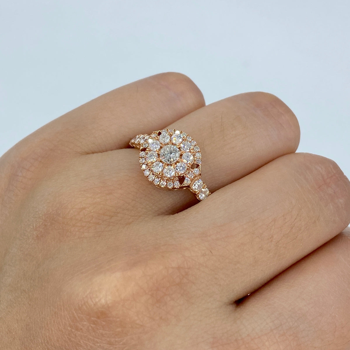 14K Gold Sienna Halo Circle Diamond Engagement Ring in rose gold - close-up product photo