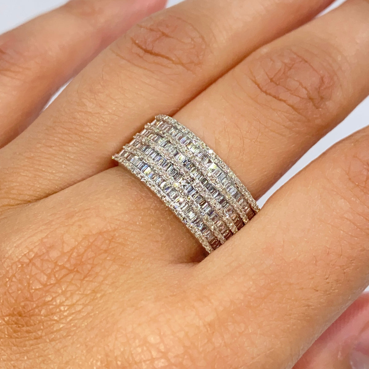 10K Gold 10mm Stacked Diamond Baguette Ring in white gold - close-up product photo