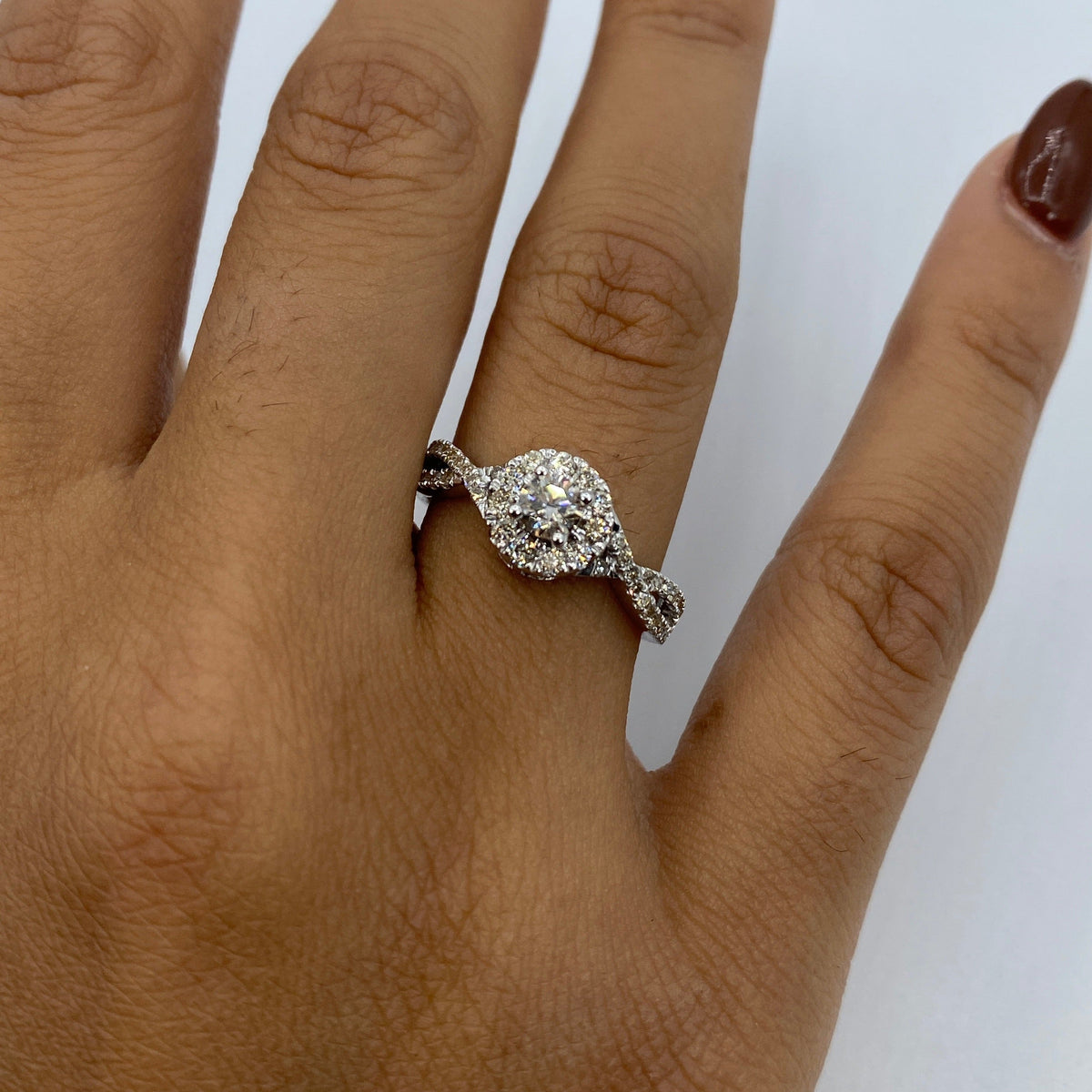 14K Gold Large Center Stone with Infinity Band Diamond Engagement Ring in white gold - close-up product photo