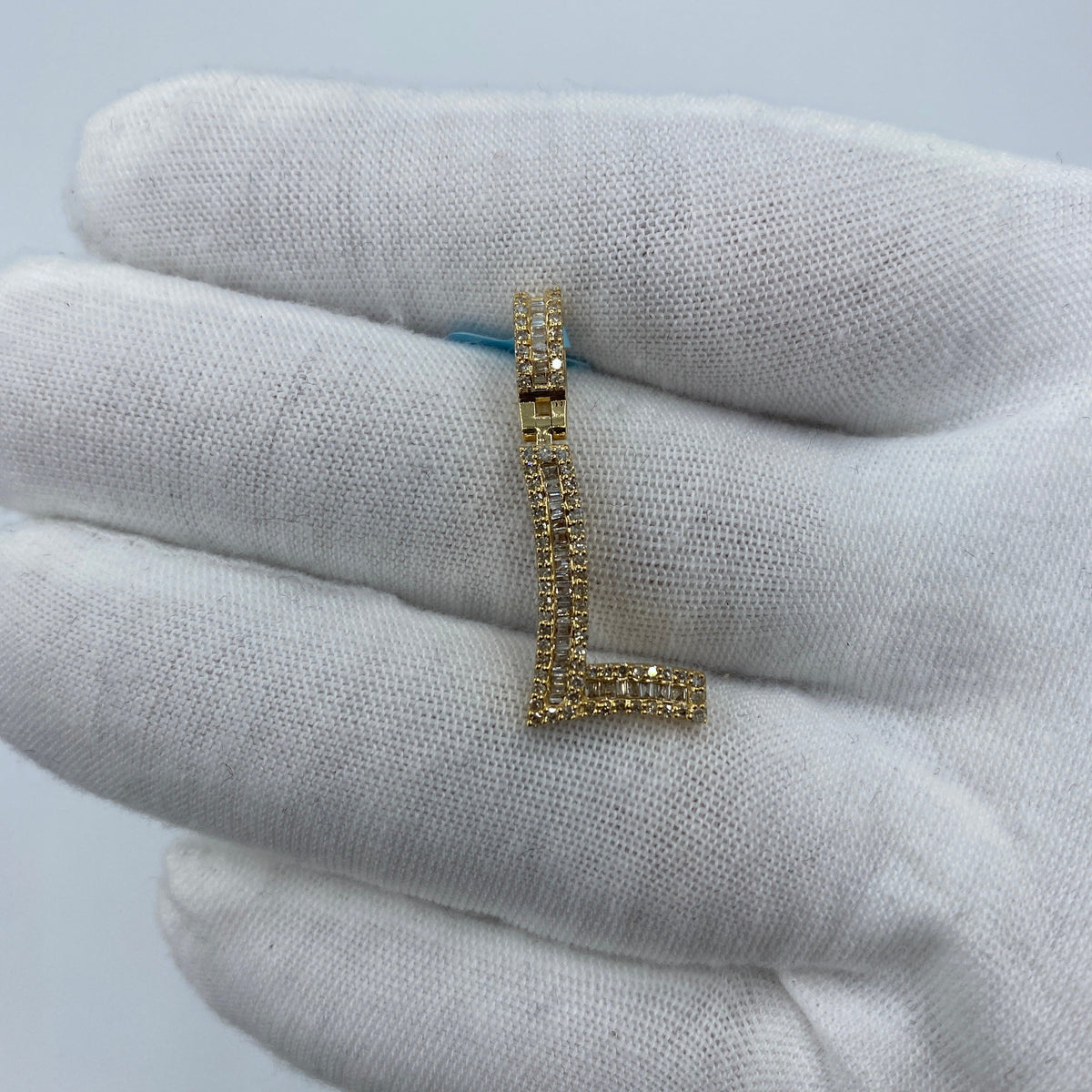 14K Gold Initial L Diamond Baguette Pendant in yellow gold, Small - close-up product photo