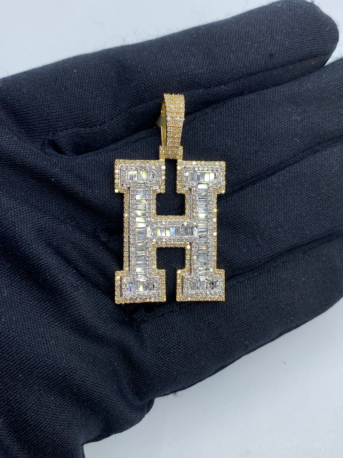 Initial H Baguette Diamond Pendant in yellow - close-up product photo